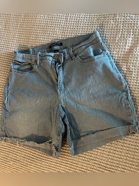 Calvin Klein Blue and White Pinstripe High-Rise Shorts